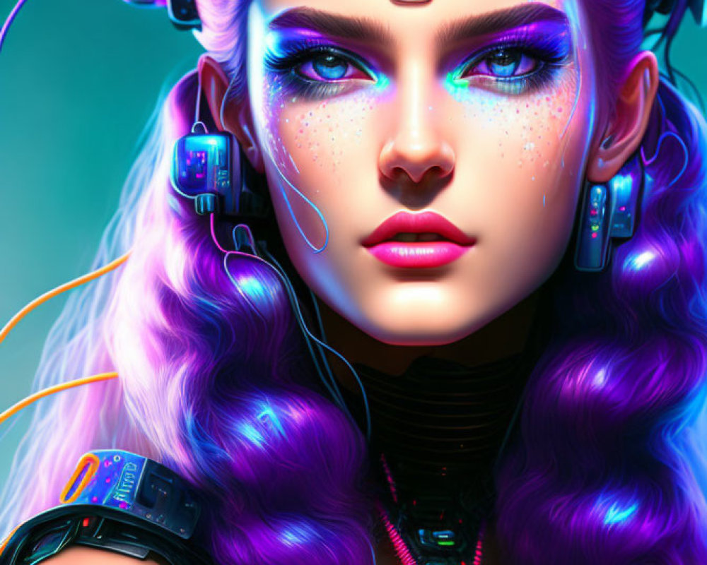Cyberpunk woman portrait with purple hair and electronic headgear