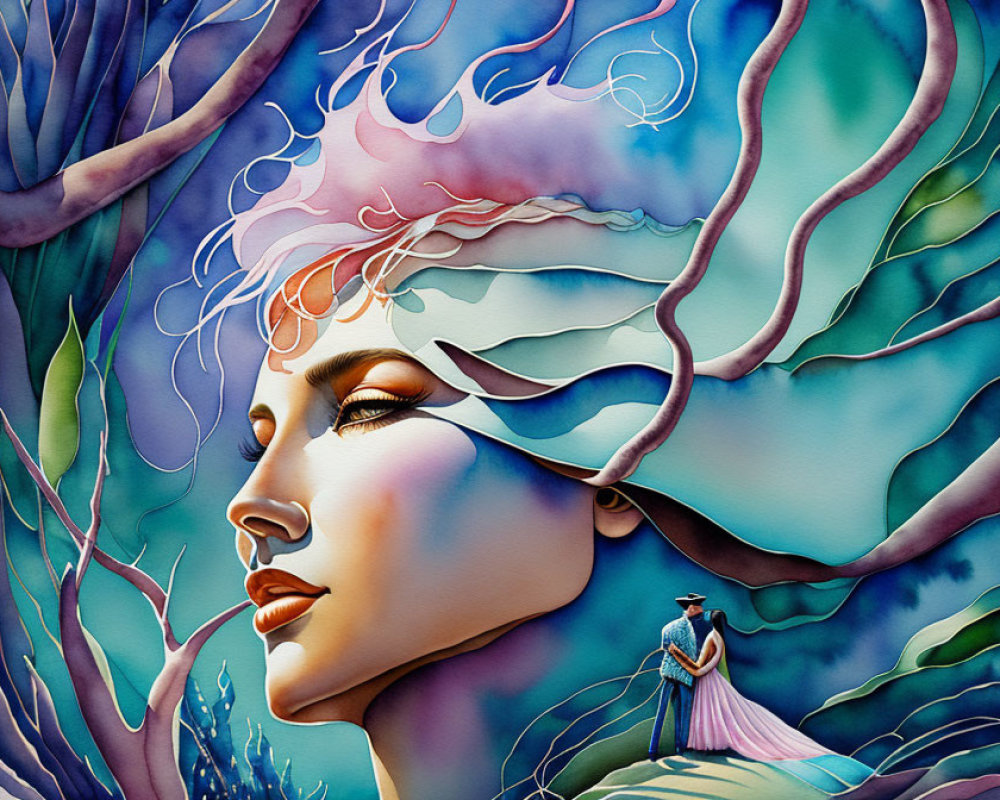 Colorful painting merging nature and femininity with serene woman's profile and intertwined branches in dreamlike scene