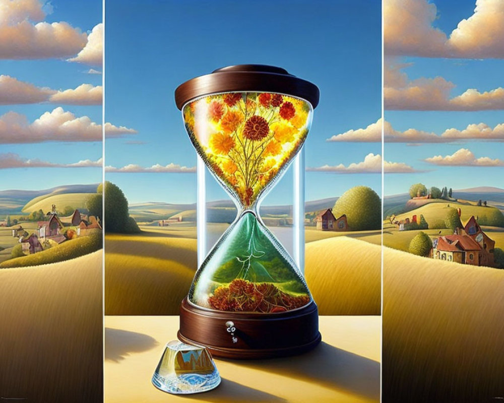 Surreal painting: Hourglass with sunflower field and landscape motif