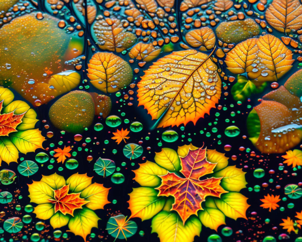 Close-up of vibrant, colorful dew-covered leaves with yellow, green, and orange hues magnified by