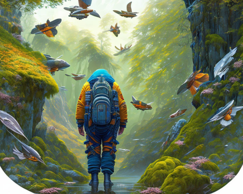 Astronaut in lush green valley with futuristic birds