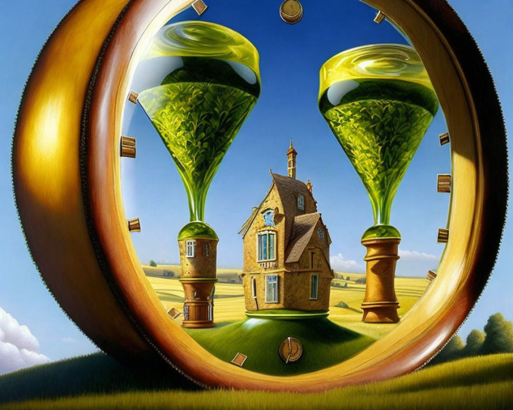 Surreal painting: Hourglass with house, landscapes, and falling coins