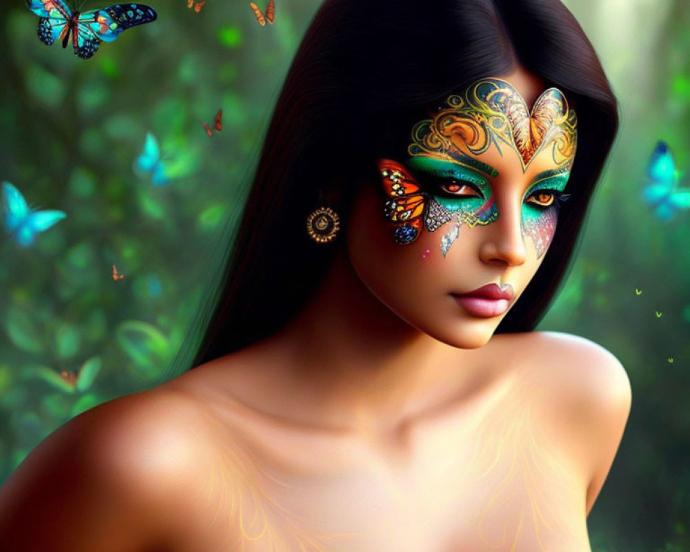 Digital Artwork: Woman with Butterfly Face Paint in Forest