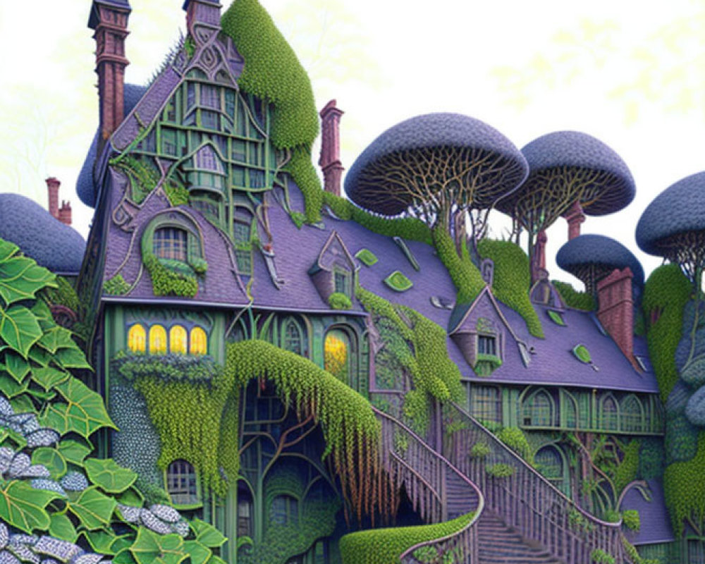 Fantasy house illustration with ivy, mushroom trees, and staircase