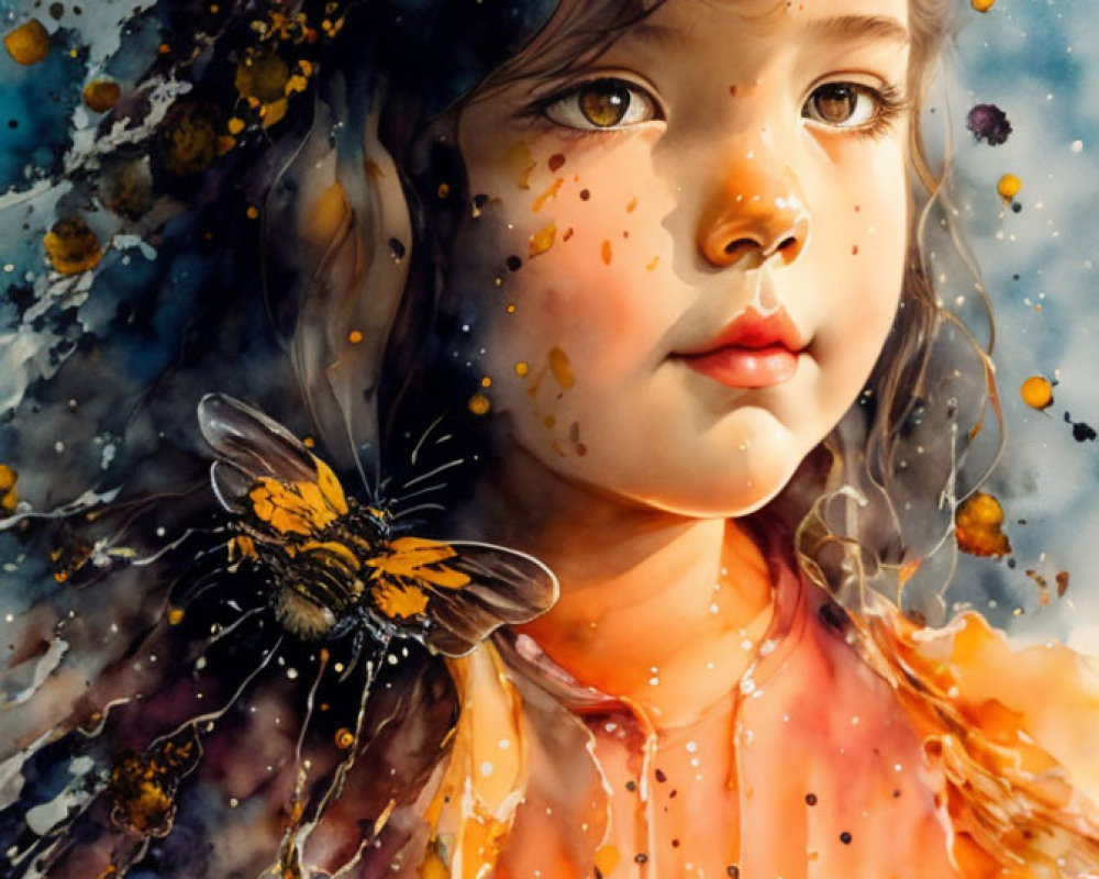 Colorful portrait of young girl with paint splashes and butterfly, creating dreamy vibe