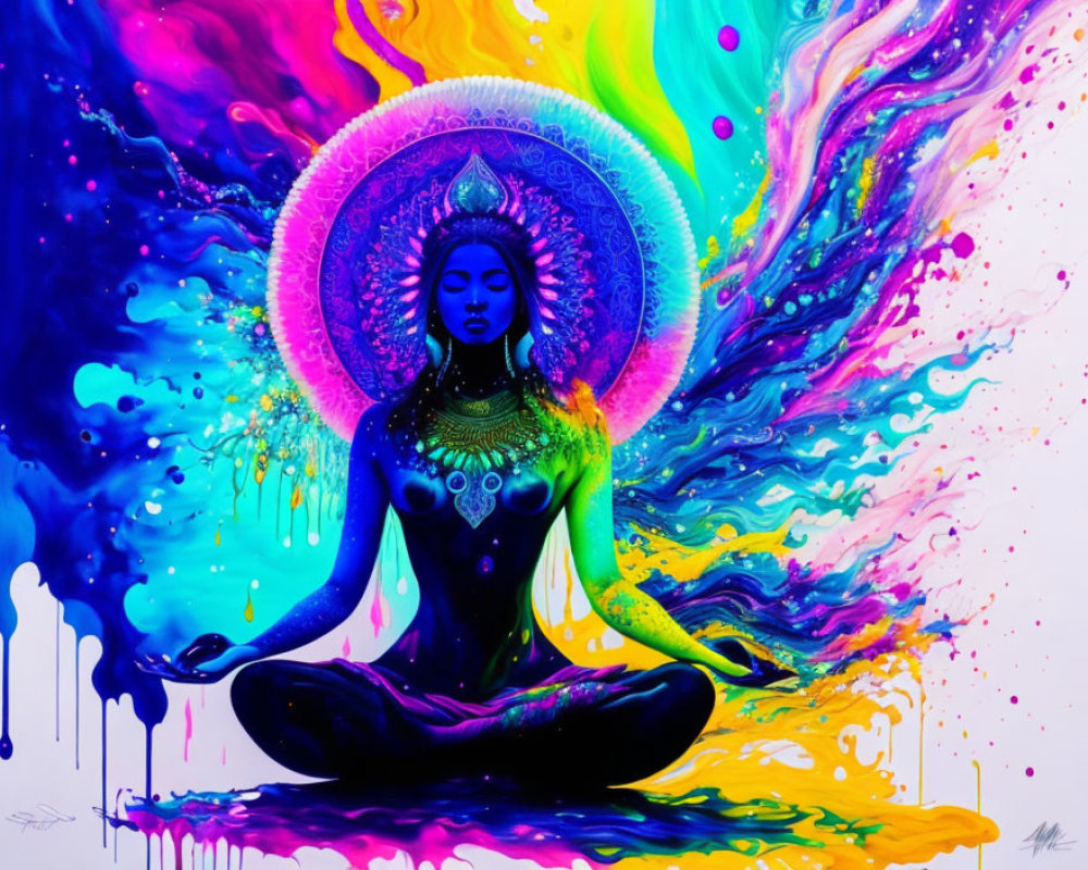Colorful Psychedelic Painting of Meditating Figure with Seven-Chakra Aura