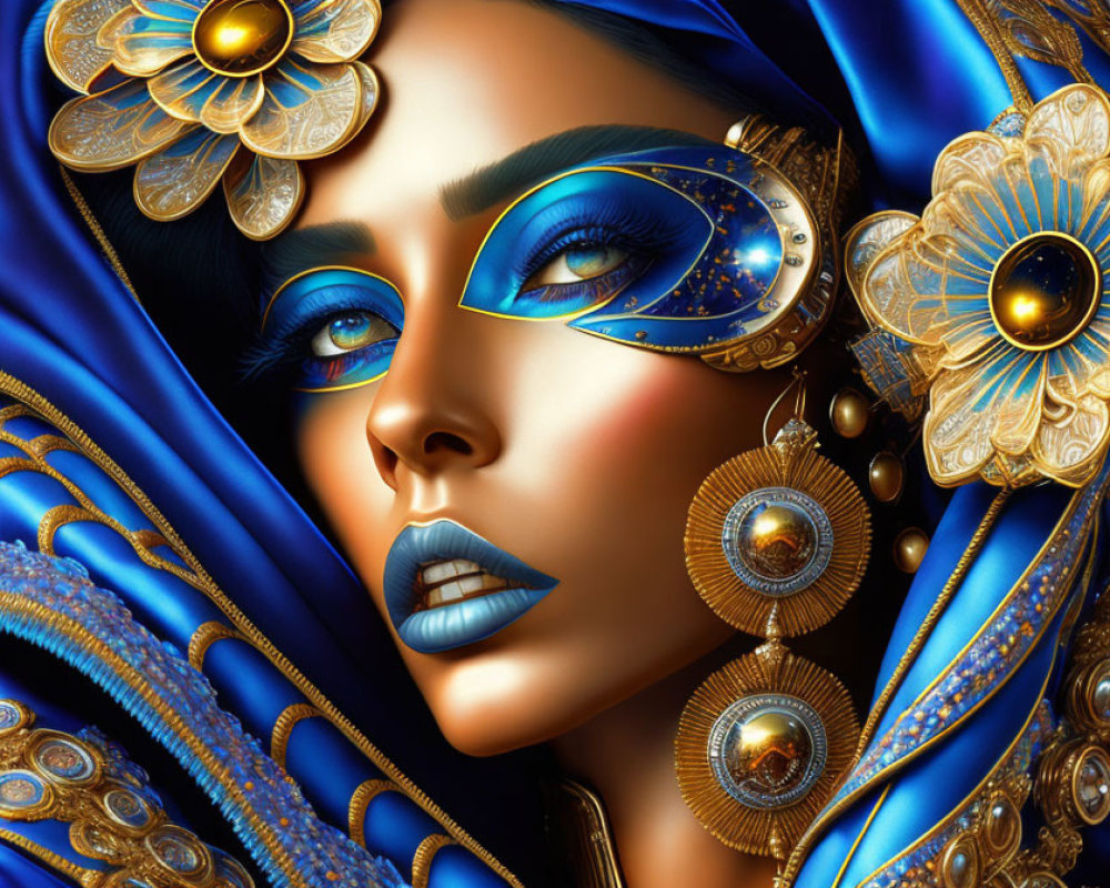 Colorful digital artwork of a woman in ornate jewelry and peacock-themed headdress
