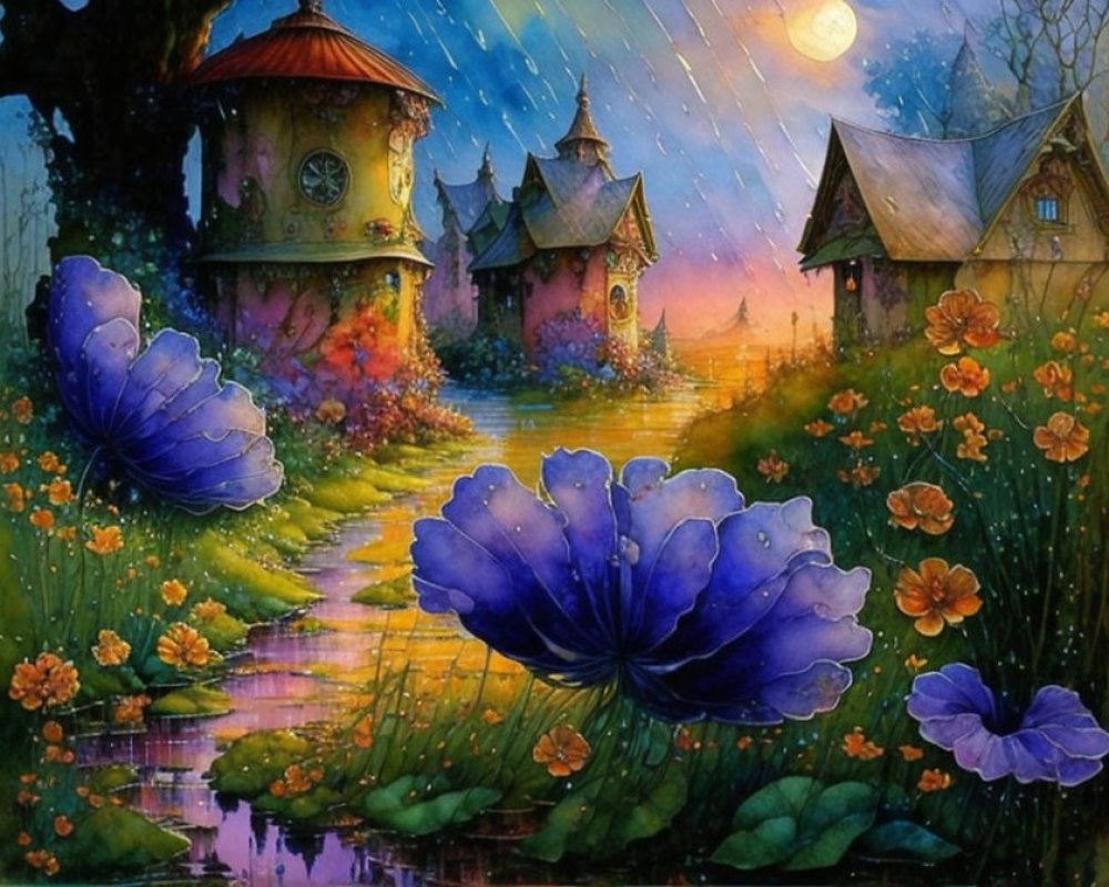 Fantasy painting: Oversized purple flowers, quaint houses, clock tower by stream at twilight with rain