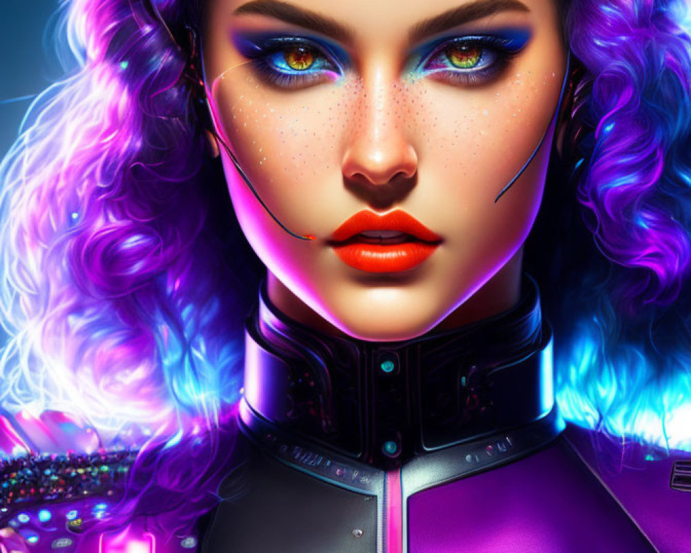 Colorful digital portrait of a woman with blue eyes, blue and purple hair, and futuristic neon attire