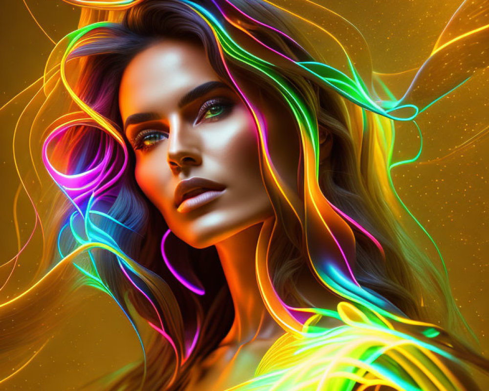 Colorful digital portrait of a woman with flowing hair on golden backdrop