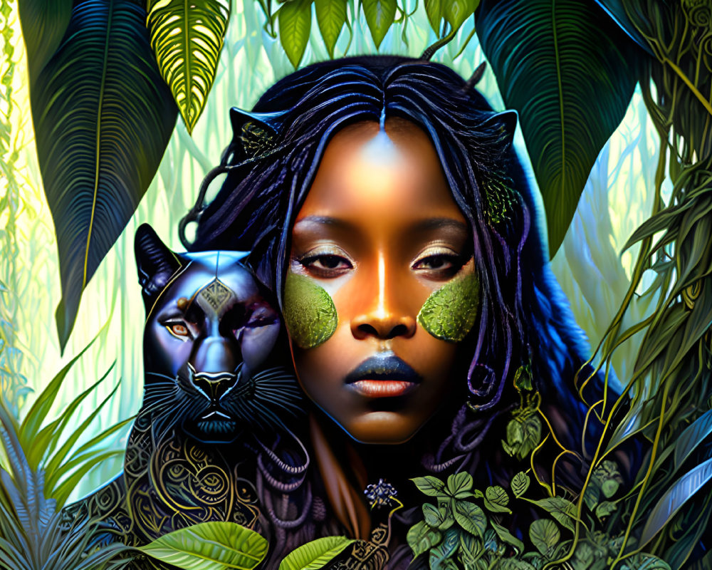 Digital artwork featuring woman with green facial markings and black panther in lush foliage