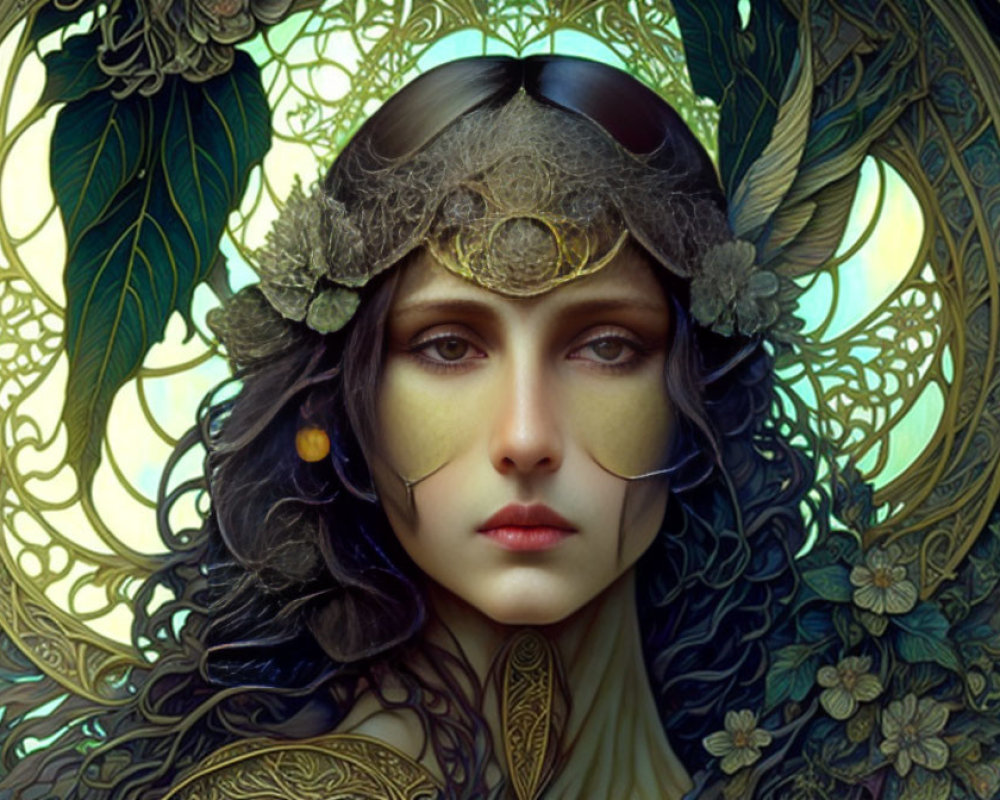 Dark-haired woman with decorative headpiece in fantasy portrait.