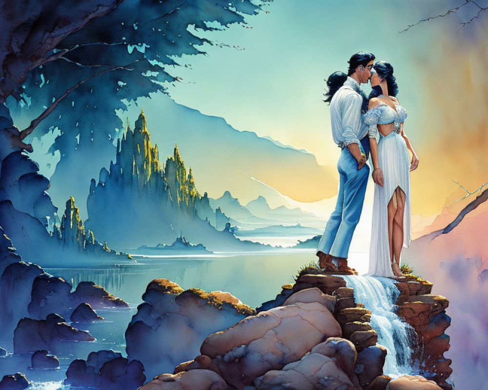 Embracing couple on cliff with waterfall, lake, mountains, colorful sky