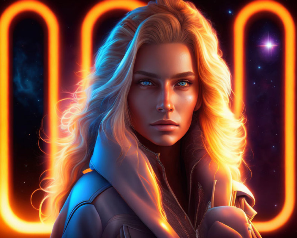 Blonde-haired female character in sci-fi neon-lit setting