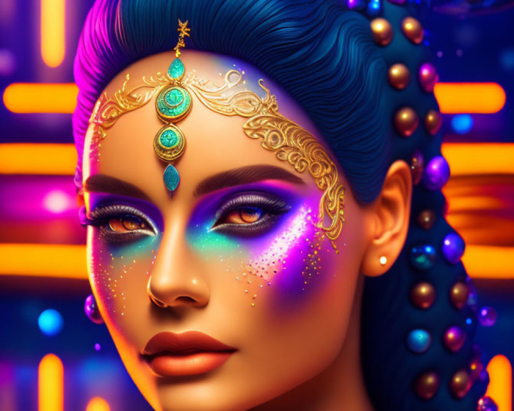 Colorful portrait of a woman with blue hair and golden head jewelry