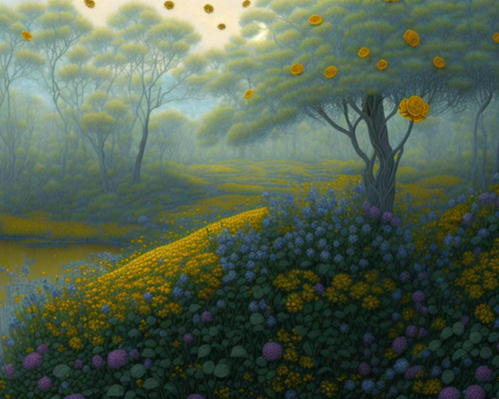 Colorful forest scene with yellow and purple flowers and unique tree blooms.