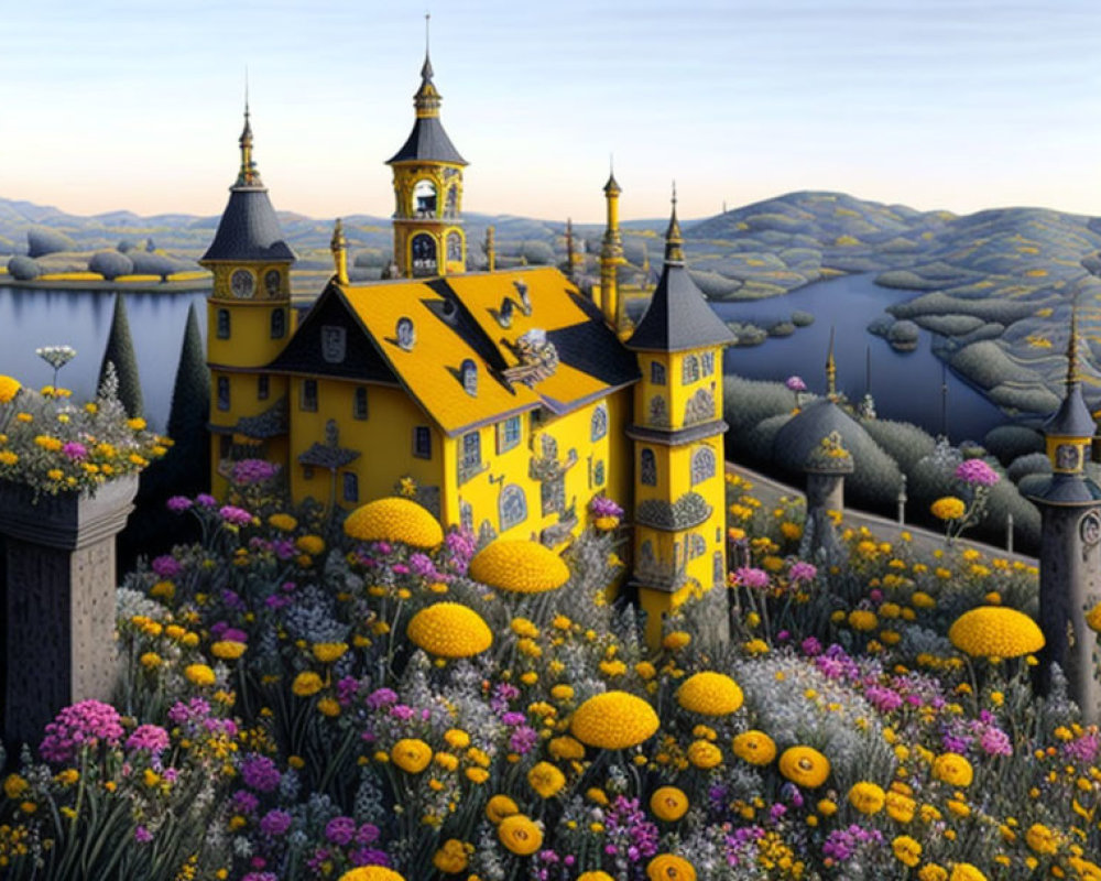 Colorful landscape with yellow castle and flowers.