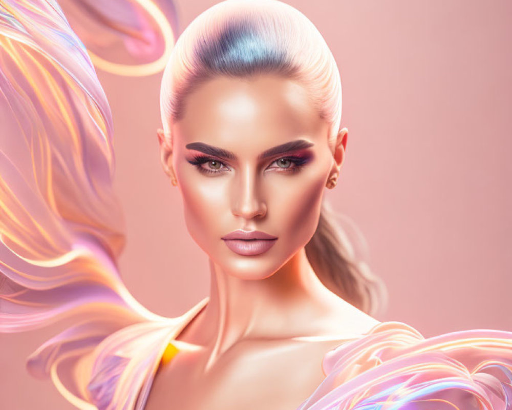 Ethereal woman with pastel rainbow hair in digital art