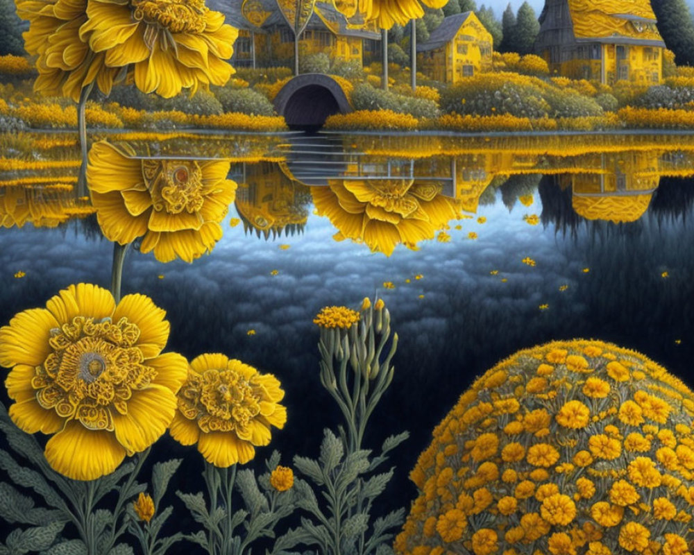 Surreal artwork: oversized sunflowers, reflective pond, house, and bridge in golden-yellow hue