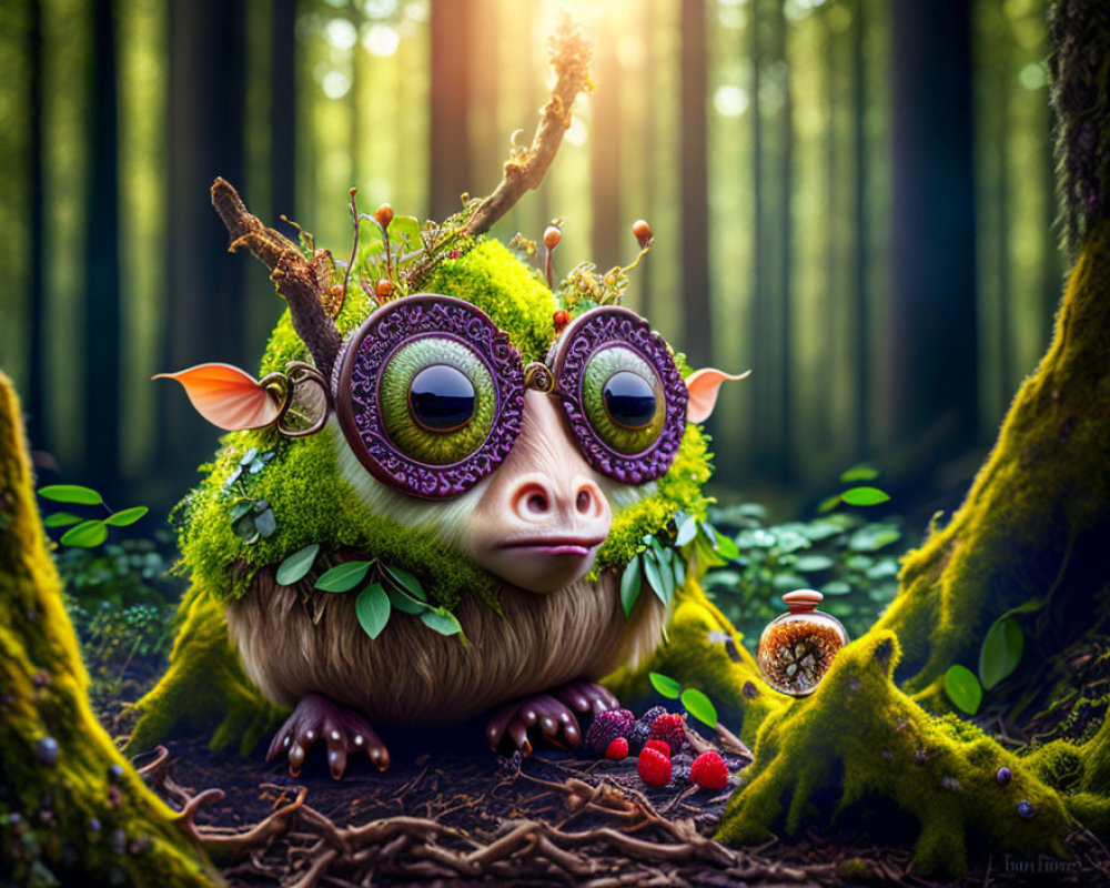 Whimsical creature with large eyes and antler-like branches in forest with raspberries and cup