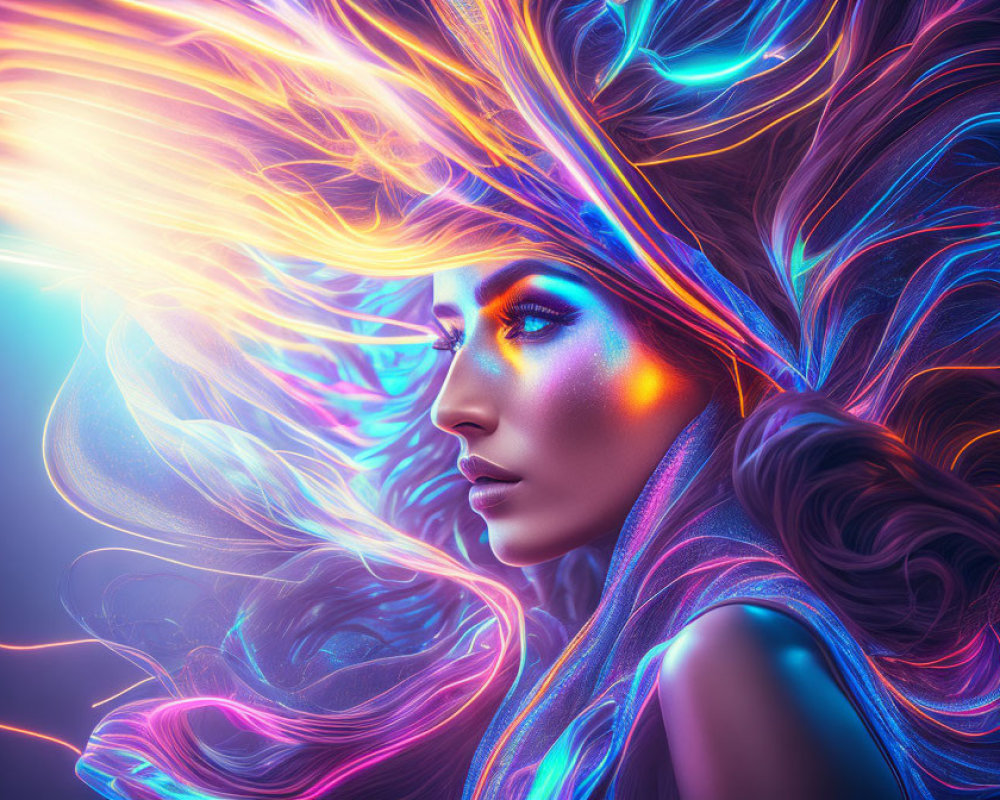 Colorful portrait of a woman with neon hair and glowing makeup