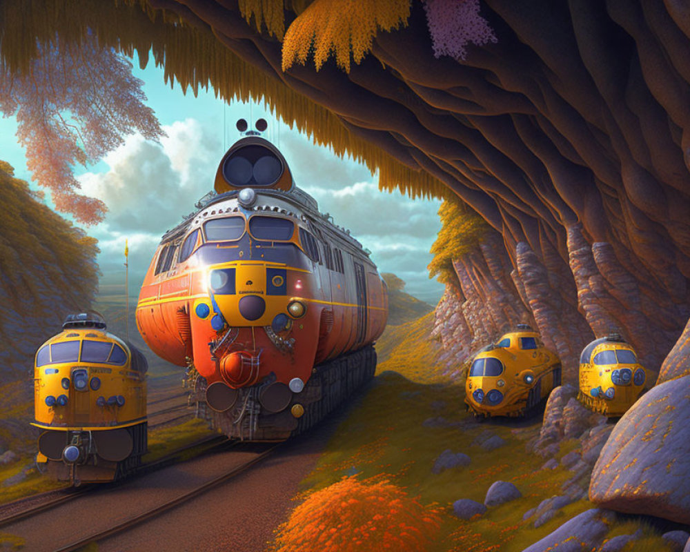 Colorful animated trains with faces in sunlit forest