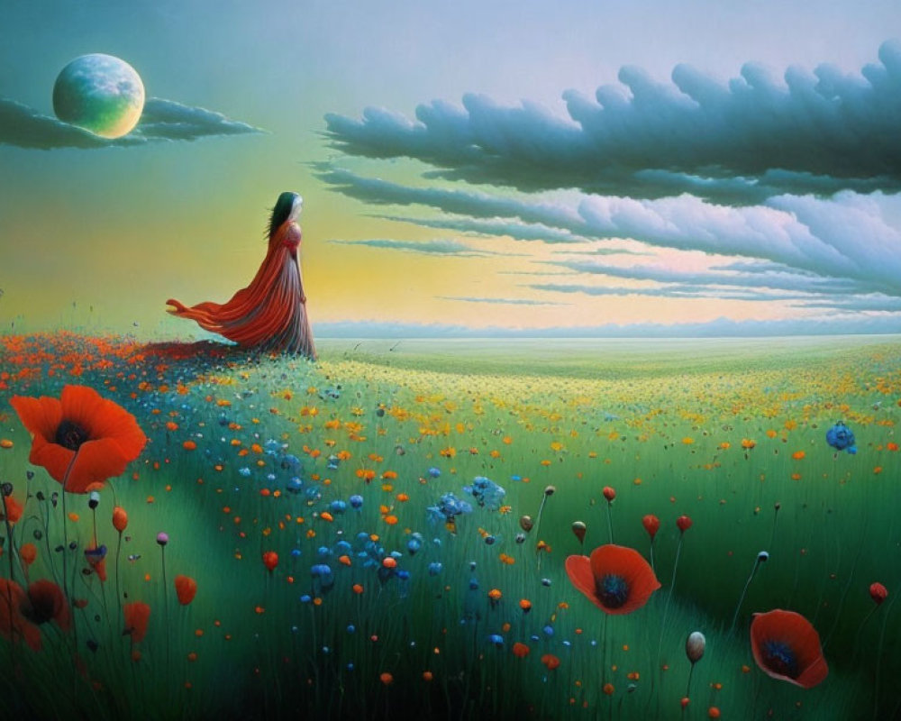 Woman in red dress in vibrant poppy field with large green moon
