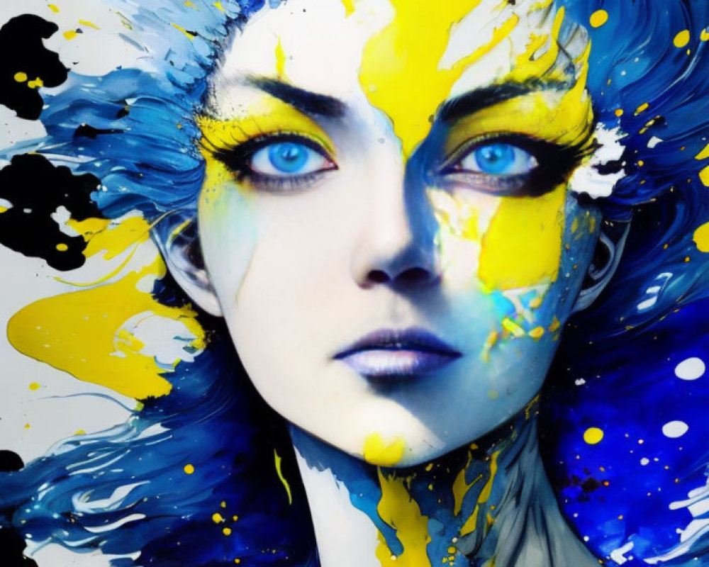 Abstract portrait featuring woman's face with blue and yellow paint splashes