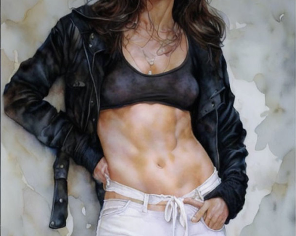 Portrait of a woman in leather jacket against marbled backdrop