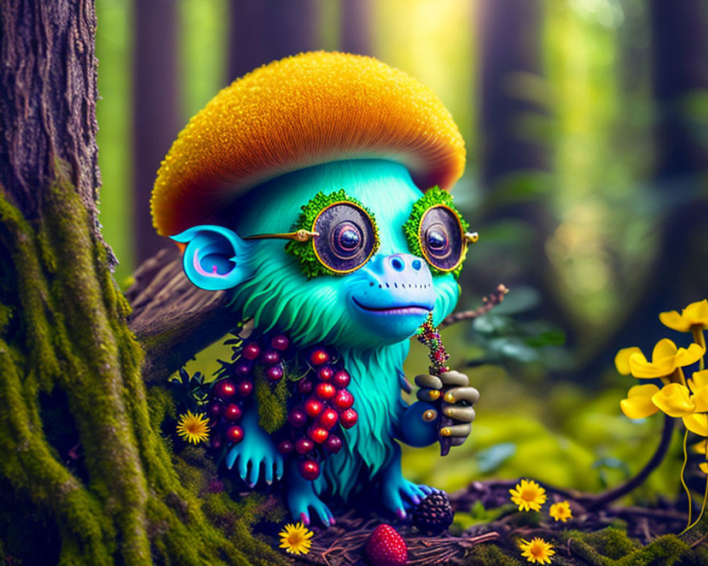 Colorful whimsical creature with orange hat and glasses holding plant in forest