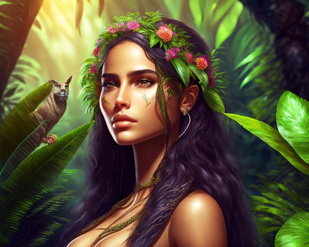 Woman with floral crown and jungle backdrop interacting with lemur