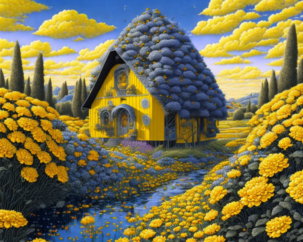 Yellow House with Blueberry Roof Surrounded by Floral Landscapes and River