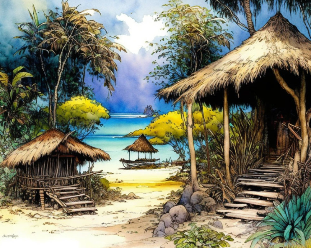Tranquil beach scene with straw huts and tropical foliage