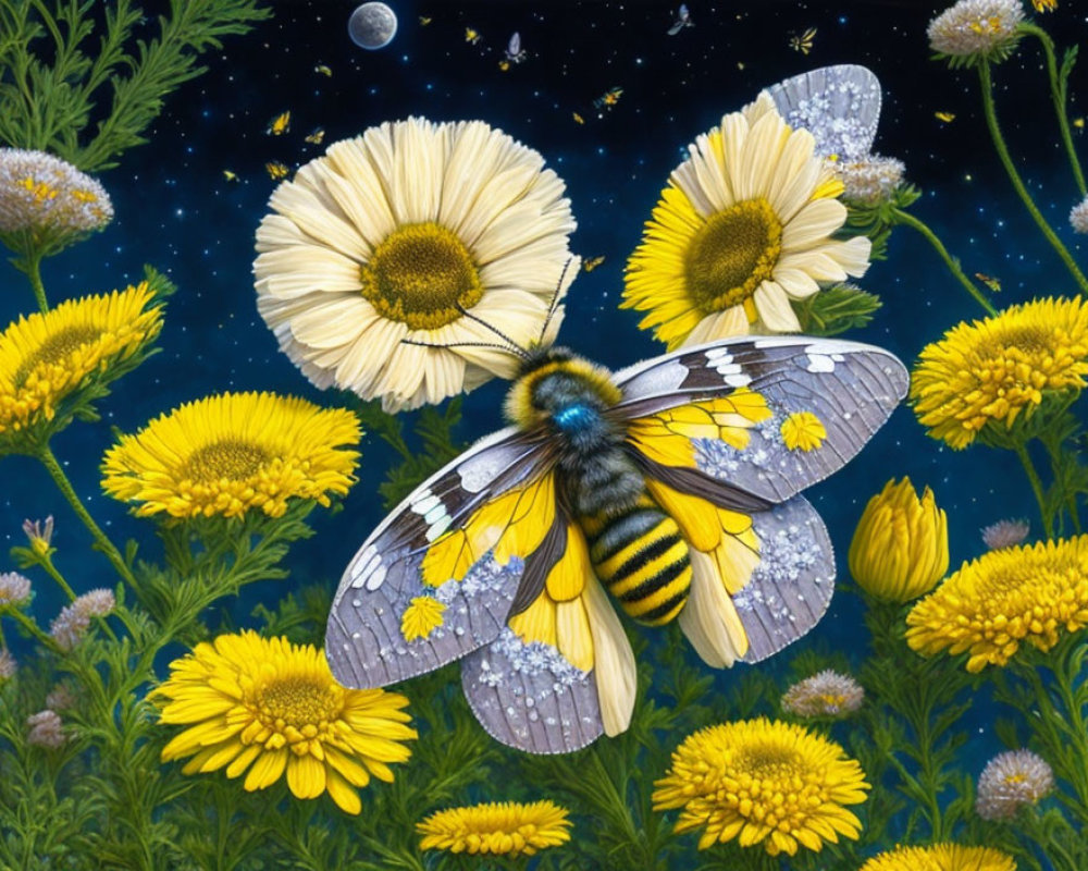 Colorful Bee Among Yellow Daisies Under Starry Sky