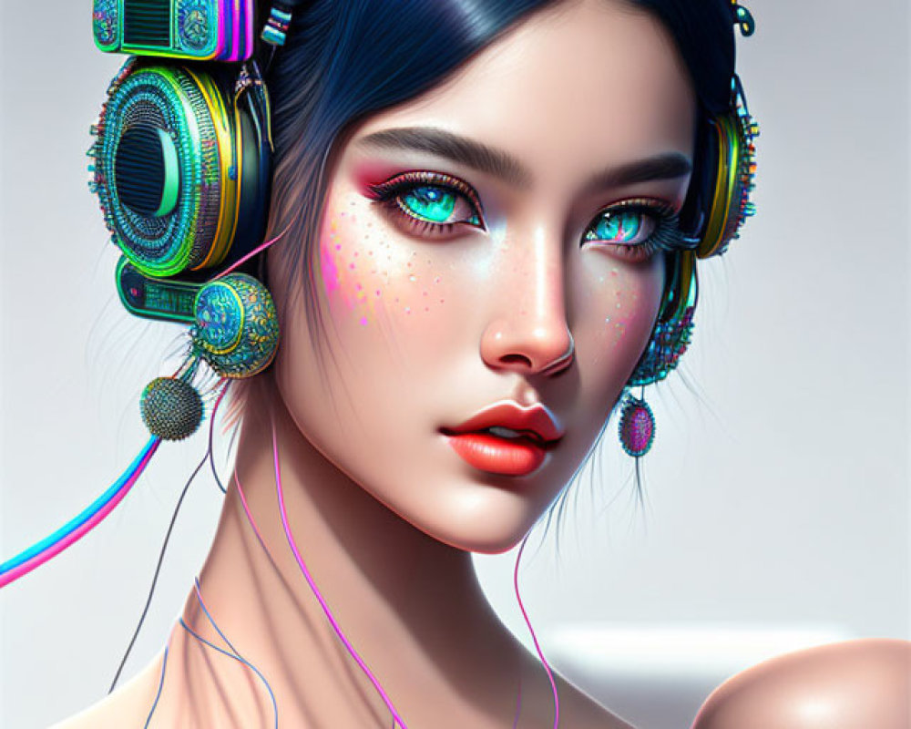 Portrait of woman with blue updo hair and retro headphones.