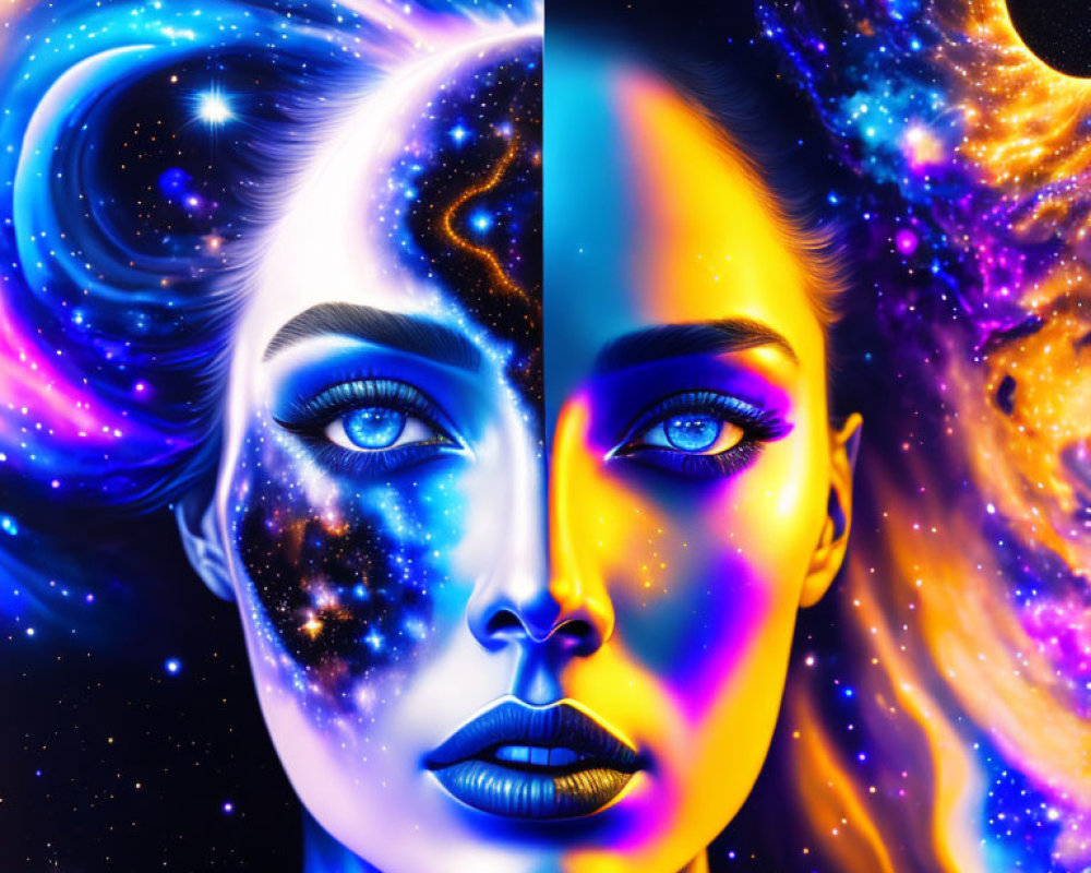 Split cosmic vs. normal woman's face in space backdrop