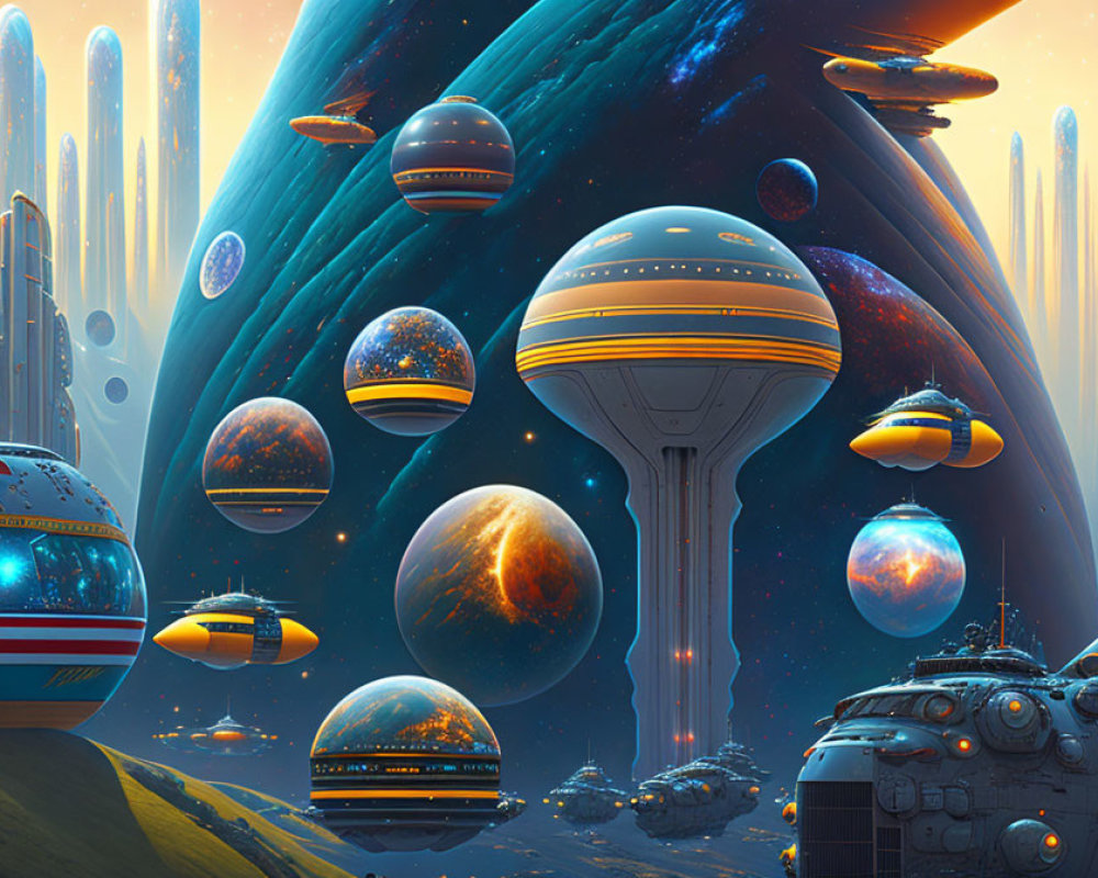 Futuristic cityscape with towering spires and floating structures