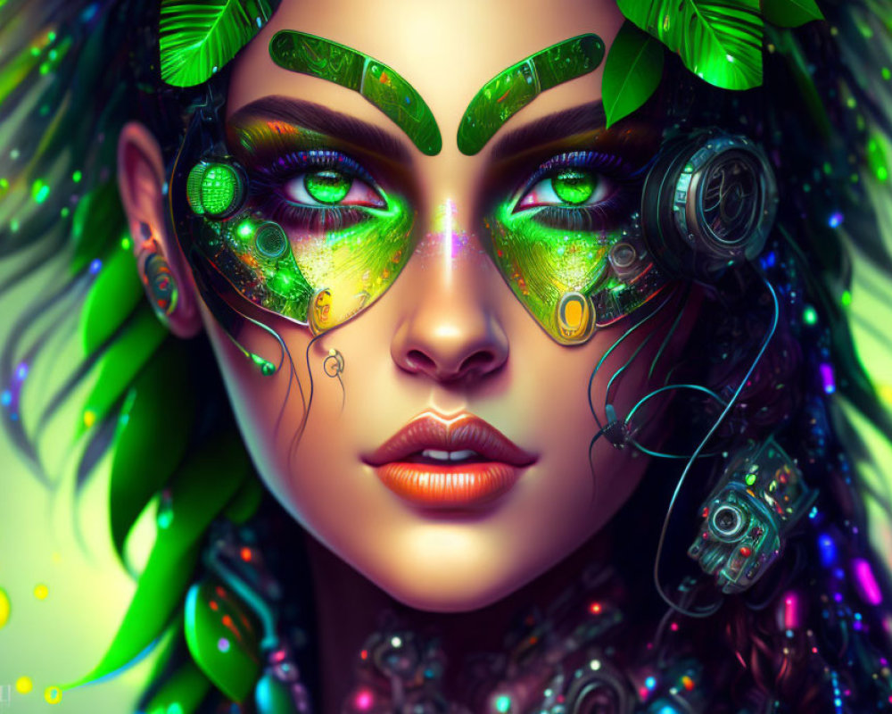 Digital Artwork: Woman with Vibrant Green Eyes and Futuristic Botanical Tech
