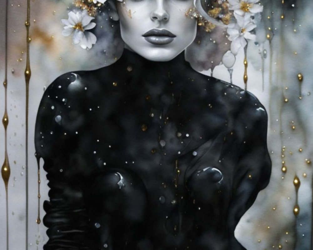 Monochromatic portrait of woman with striking eyes and lips adorned with white flowers against golden background