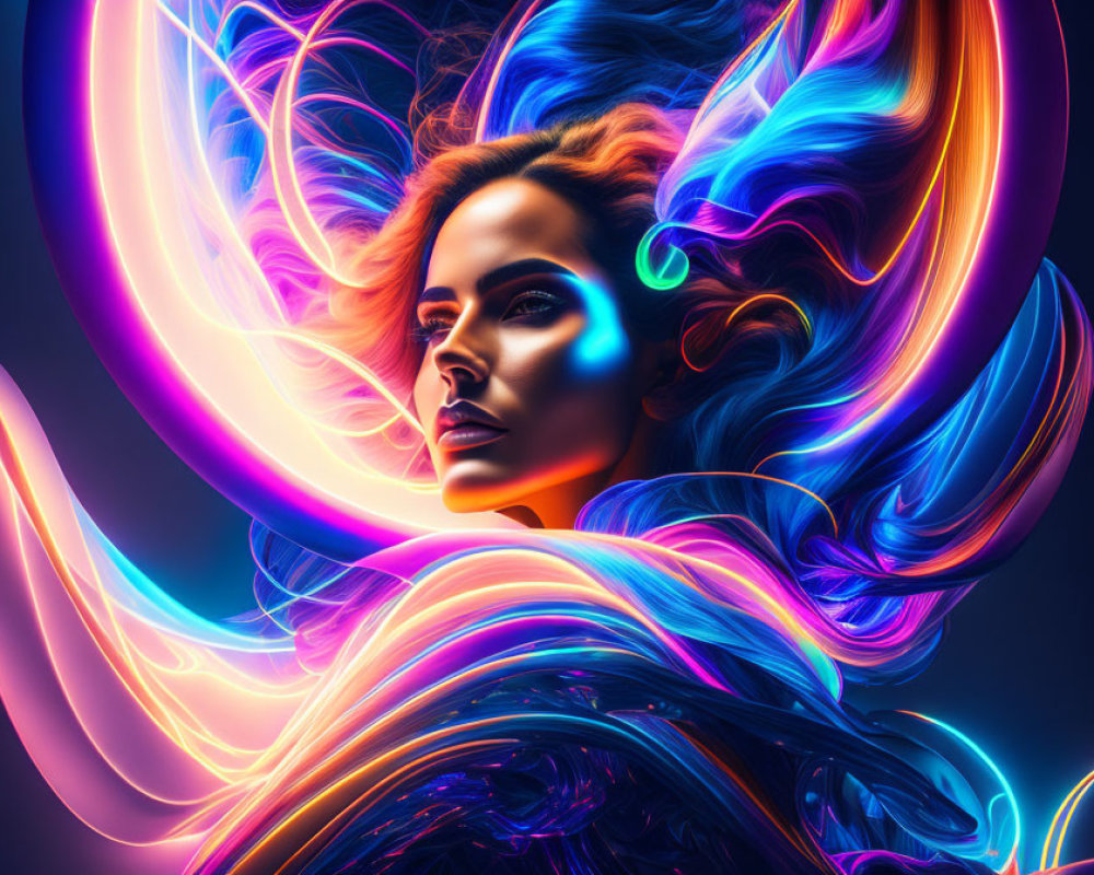 Colorful portrait of a woman with flowing hair and neon light effects in blue and purple hues