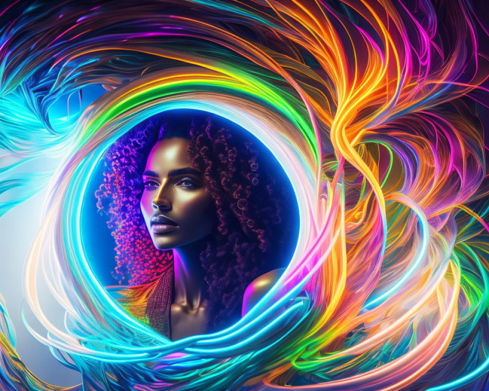 Colorful digital artwork: Woman with curly hair in vibrant rainbow swirl