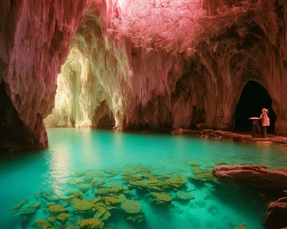 Colorful Cave with Turquoise Lake and Person Admiring View