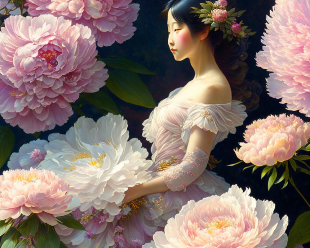 Woman in flowing gown surrounded by pink peonies