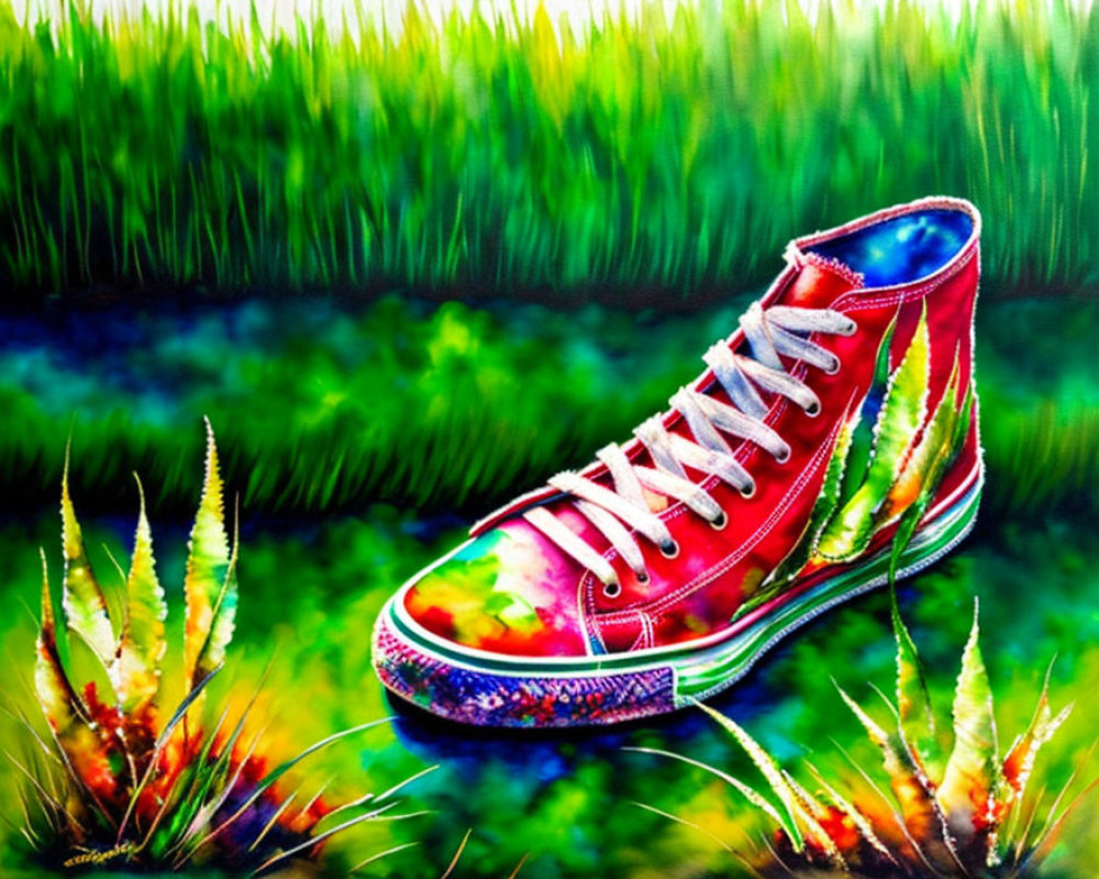 Colorful painting of red high-top sneaker in green field with spiky plants