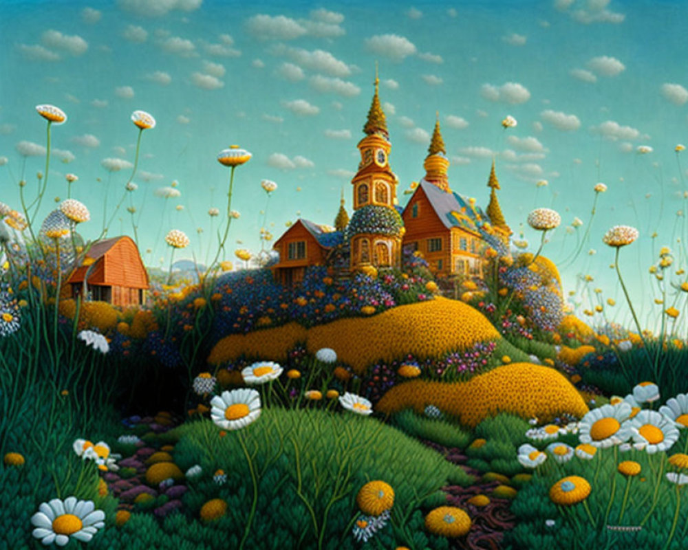 Colorful fairy-tale village painting with oversized flowers and cloudy sky