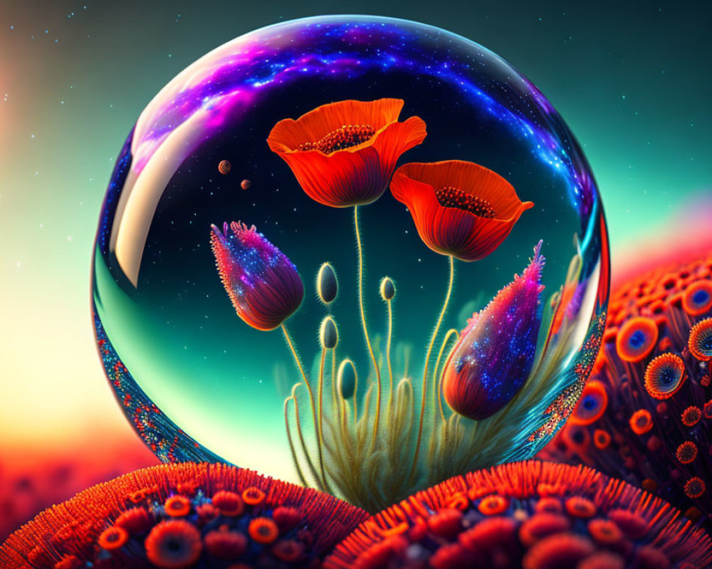 Colorful cosmic sphere reflecting poppies on surreal alien landscape