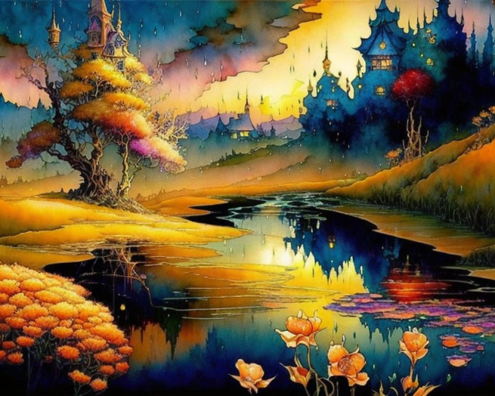 Whimsical landscape with golden hues, reflective river, colorful flora, and fantastical castles