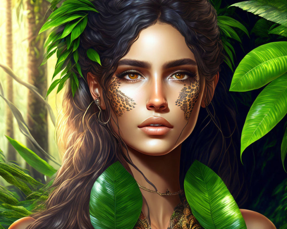Digital Artwork: Woman with Jaguar-Like Face Markings in Lush Greenery