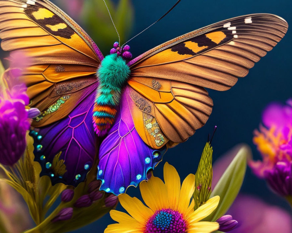 Colorful Butterfly on Flower with Purple and Yellow Blooms Against Blue Background