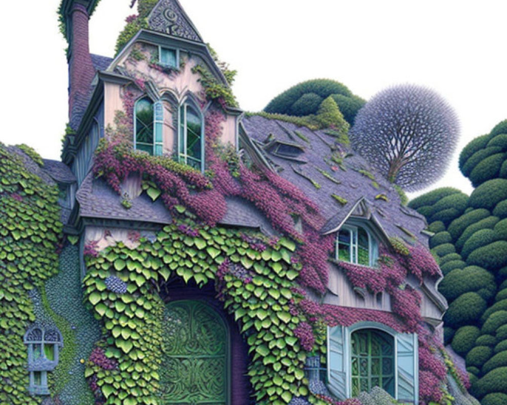 Enchanting ivy-covered cottage with whimsically trimmed bushes